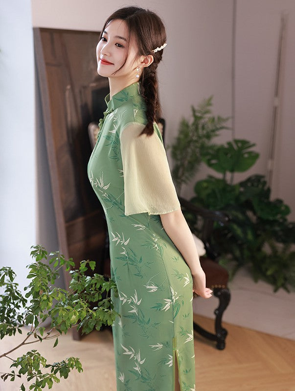 Retro Floral Brocade Qipao Fairy Dress with Flared Sleeves Green / M Retro Floral Brocade Qipao Fairy Dress with Flared Sleeves Green / M