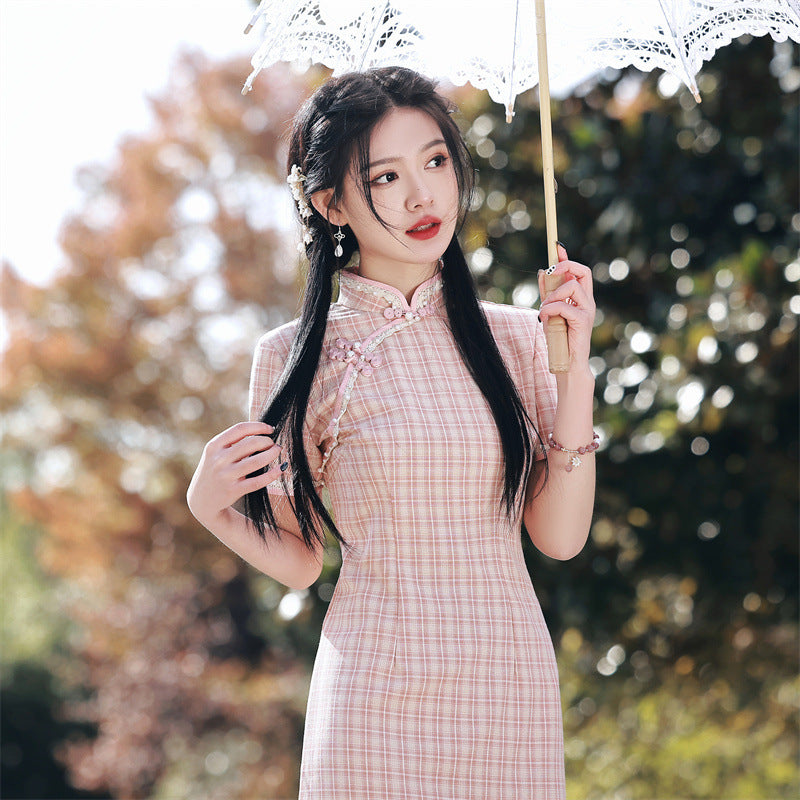 Cotton and Linen Plaid Midi Qipao Dress for Young Women Green / M