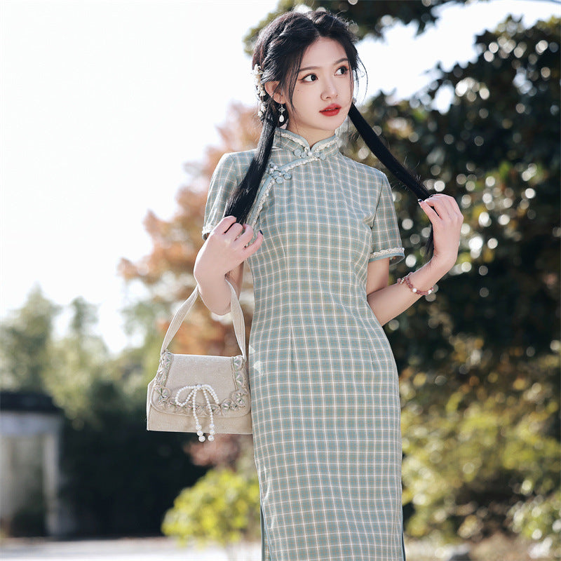 cotton qipao dress Su Mei Ink Flower 1930s Half Sleeve Cotton Qipao M / Medium Collar