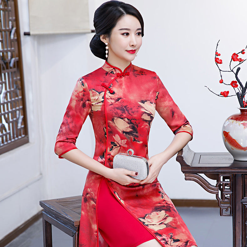 Mandarin Collar Half Sleeve Cheongsam Top Floral Ao Dai Dress – IDREAMMART