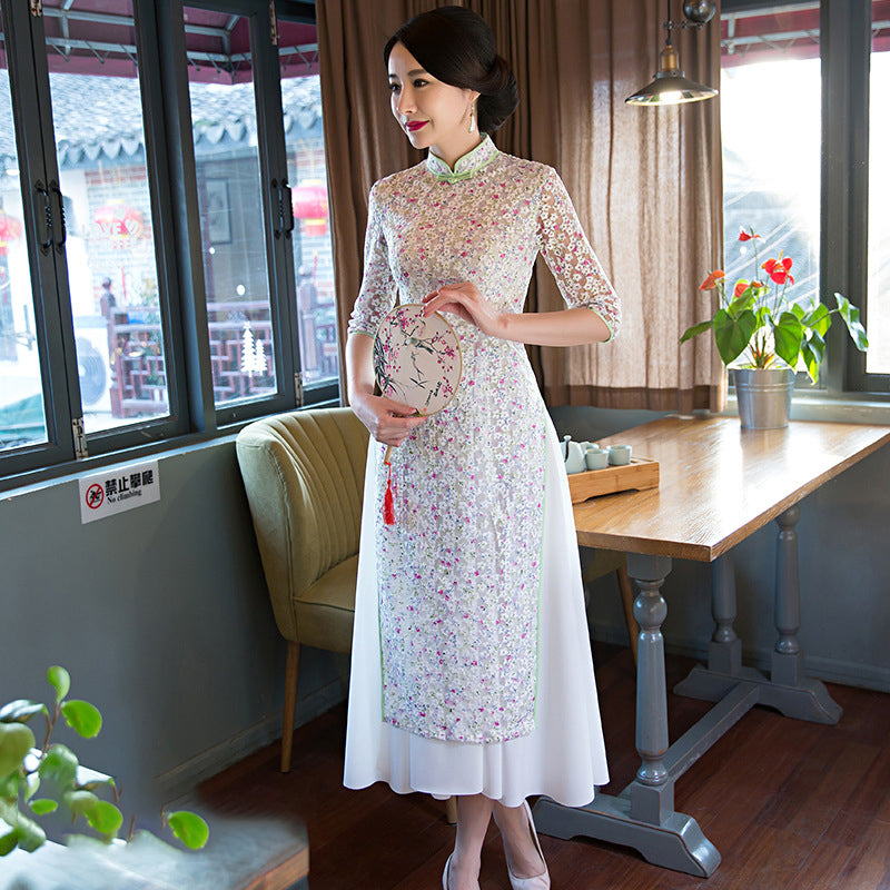 Half Sleeve Cheongsam Top Full Length Floral Ao Dai Dress