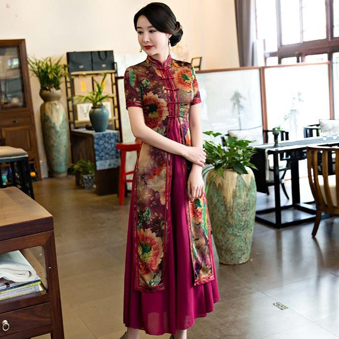 Short Sleeve Full Length Two-piece set Floral Ao Dai Dress