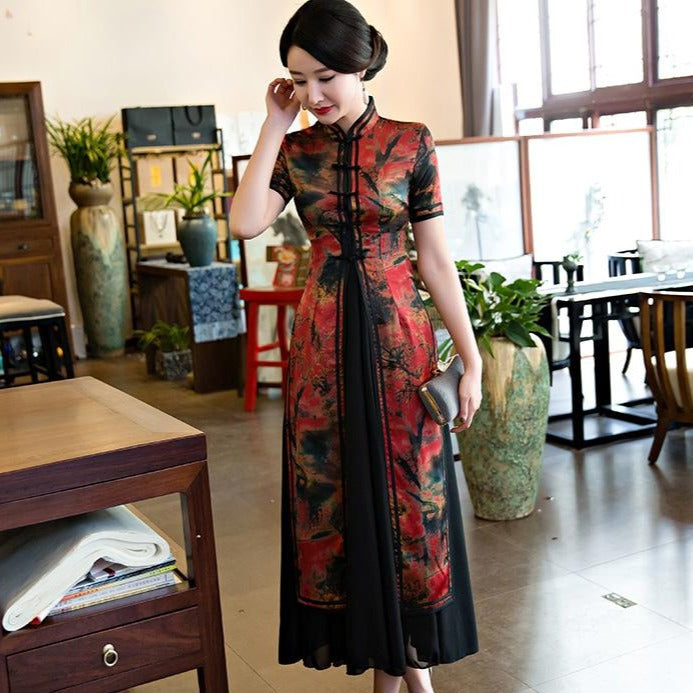 Short Sleeve Chiffon Skirt Two-piece set Floral Ao Dai Dress – IDREAMMART
