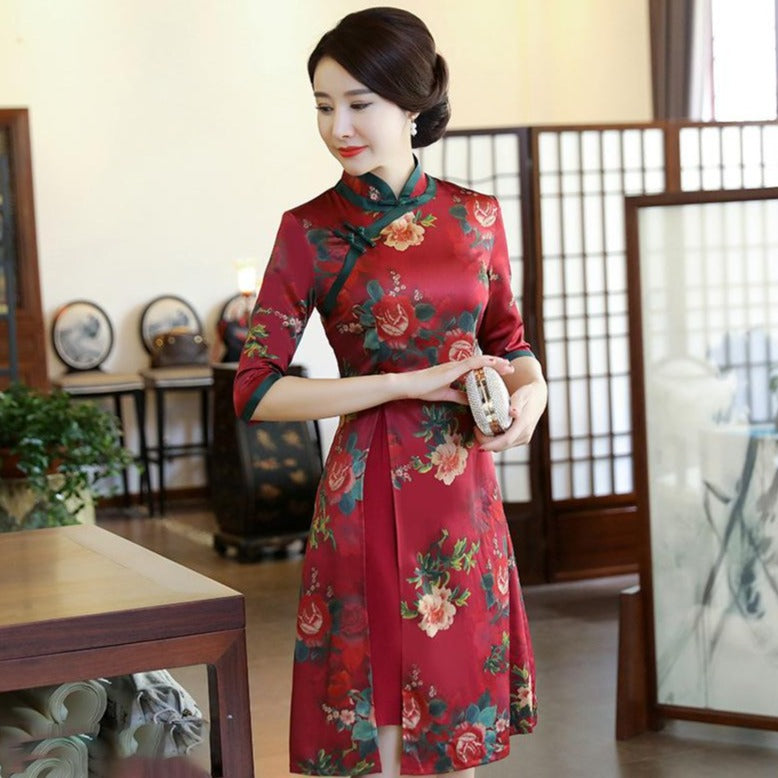 Half Sleeve Cheongsam Top Knee Length Floral Ao Dai Dress