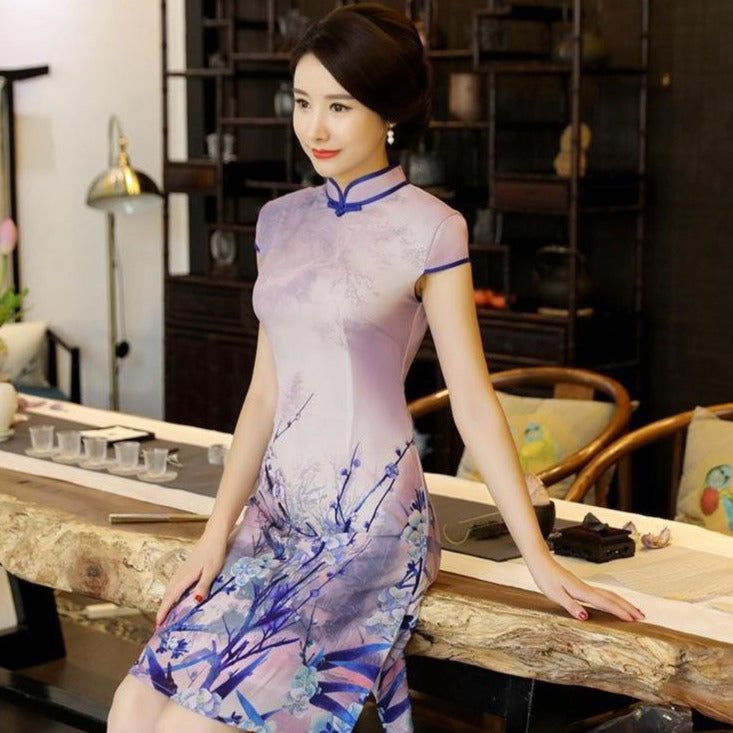 Cap Sleeve Cheongsam Top Knee Length Floral Chinese Dress – IDREAMMART