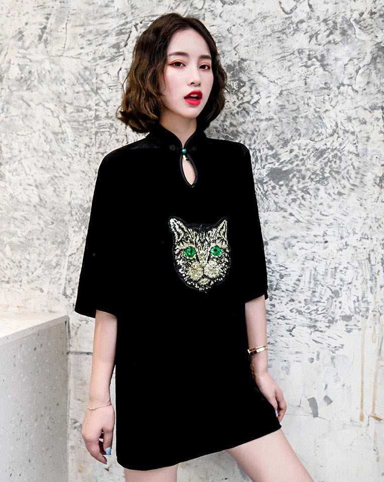Mandarin Collar Chinese Style Casual Dress with Leopard Head Sequins