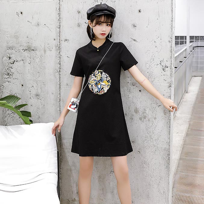 Mandarin Collar Auspicious Embroidery Chinese Style Casual Dress