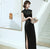 Cap Sleeve Cheongsam Long Evening Dress with Floral Beading Collar