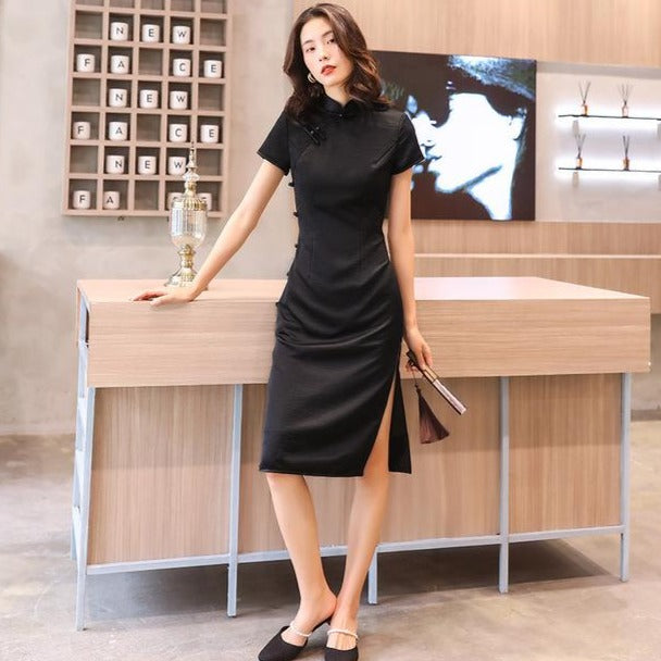Mandarin Collar Cap Sleeve Modern Cheongsam Knee Length Chinese Dress – IDREAMMART