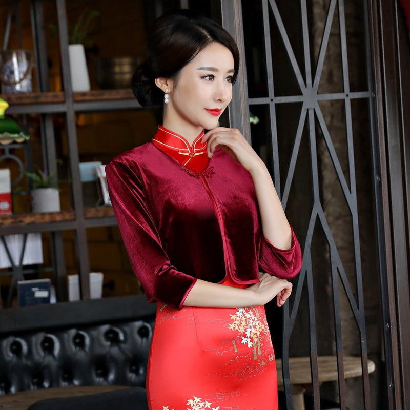 3/4 Sleeve Cheongsam Matched Chinese Style Velvet Shawl Cloak