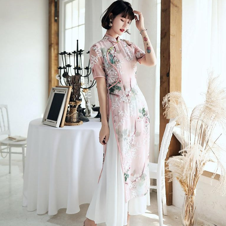 Short Sleeve Full Length Floral Aodai Modern Chinese Dress