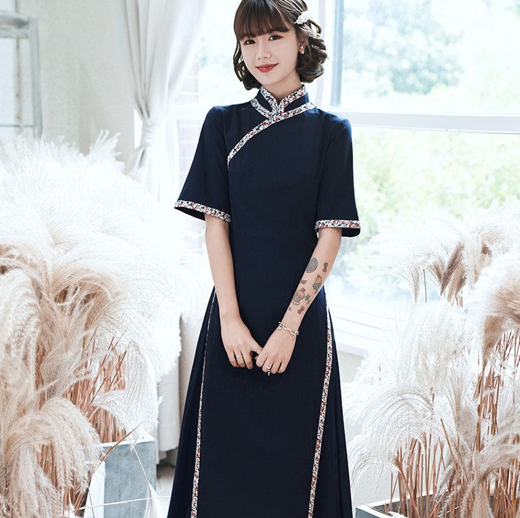Mandarin Collar Half Sleeve Floral Edge Ao Dai Two-piece Chinese Dress