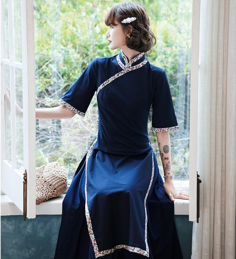 Mandarin Collar Half Sleeve Floral Edge Ao Dai Two-piece Chinese Dress