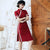 Short Sleeve Mandarin Collar Modern Cheongsam Chinese Dress with Lace Edge