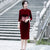 Half Sleeve Auspicious Embroidery Knee Length Velvet Cheongsam Mother Dress