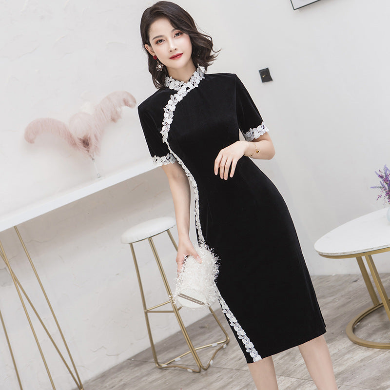 Mandarin Collar Knee Length Traditional Cheongsam Chinese Dress with F ...