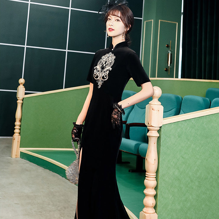 Auspicious Embroidery Velvet Modern Cheongsam Mermaid Qipao Dress Black / XXL Auspicious Embroidery Velvet Modern Cheongsam Mermaid Qipao Dress Black / XXL