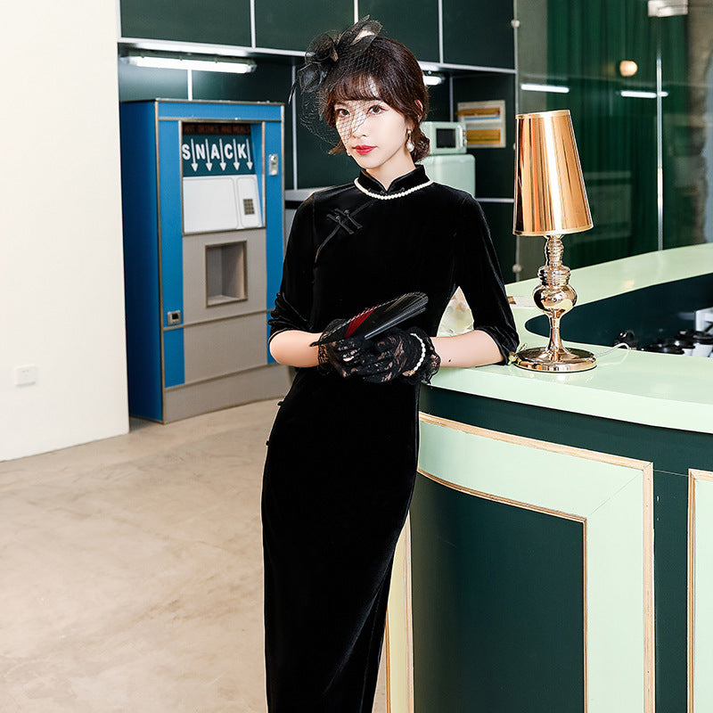 3/4 Sleeve Velvet Modern Cheongsam Tea Length Qipao Dress