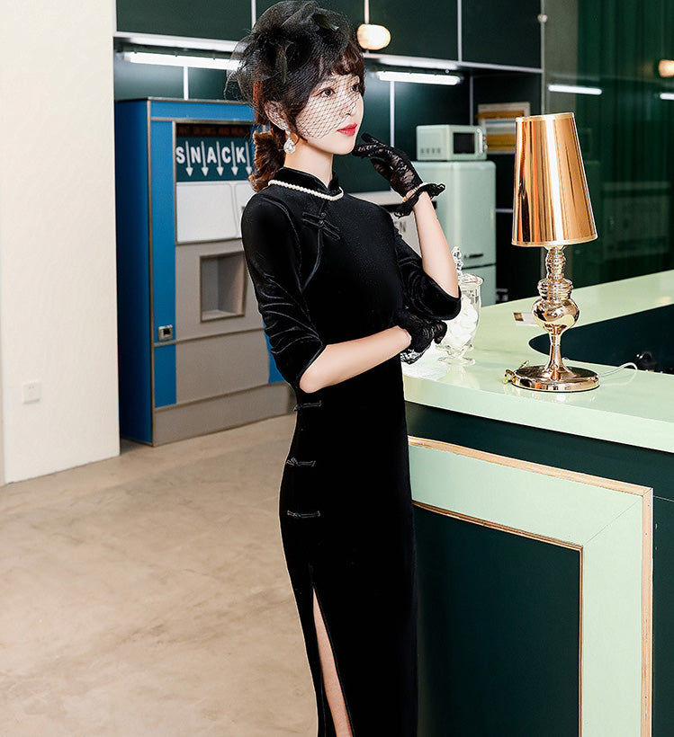 black qipao dress 3/4 Sleeve Velvet Modern Cheongsam Tea Length Qipao Dress Black / S