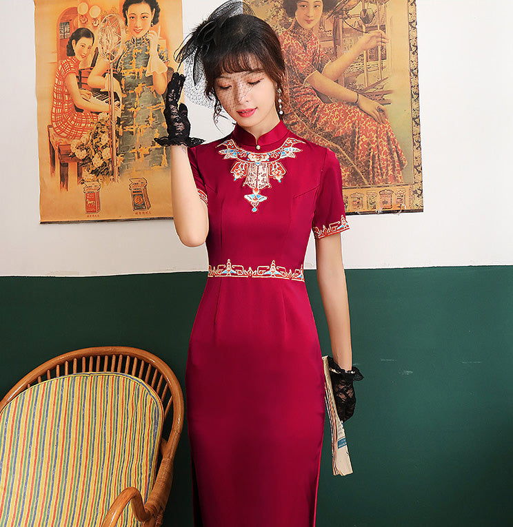 Dragon Embroidery Cheongsam Dress Black and Pink One Piece with