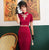 Short Sleeve Auspicious Embroidery Velvet Modern Cheongsam Qipao Dress