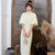 Vestido Qipao Cheongsam de encaje de manga corta de longitud de té retro