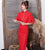 Vestido Qipao Cheongsam de encaje de manga corta de longitud de té retro