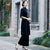 Floral Embroidery Velvet Long Sleeve Cheongsam Suit Mother Dress