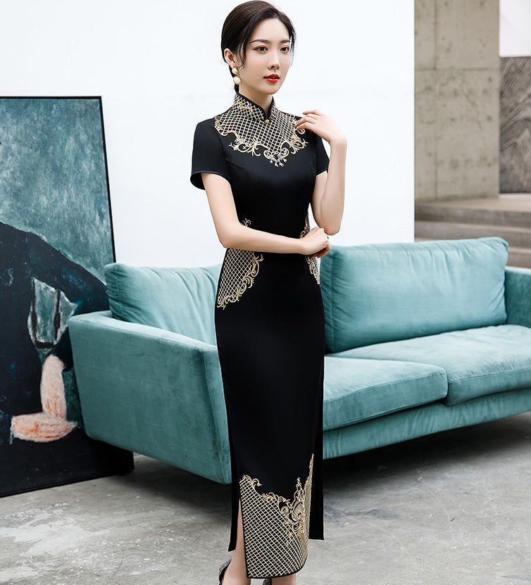 Floral Embroidery Full Length Cheongsam Mother Dress Evening Gown