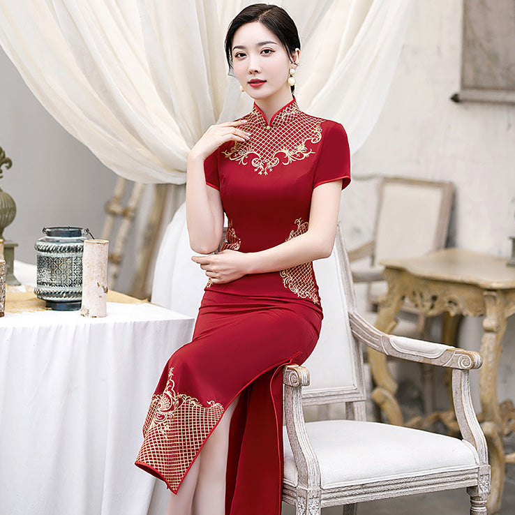 Floral Embroidery Full Length Cheongsam Mother Dress Evening Gown