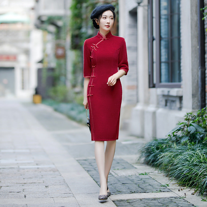 Elegant Mink Cashmere Cheongsam Knee Length Day Dress