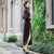 Vestido de madre de longitud de té Cheongsam de cachemira de visón de manga larga