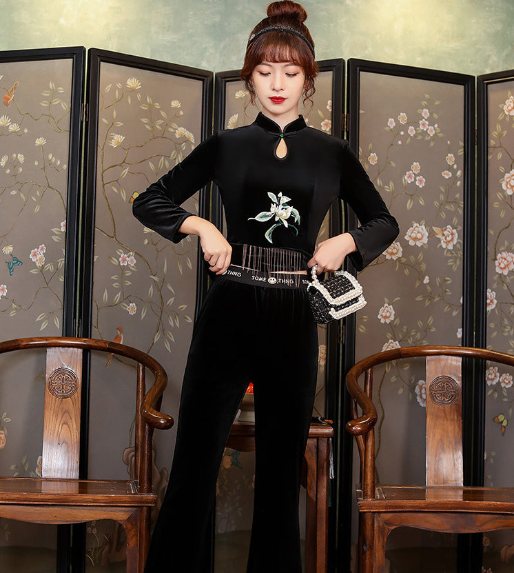 Floral Embroidery Velvet Cheongsam Top & Bell-bottom Trousers Suit