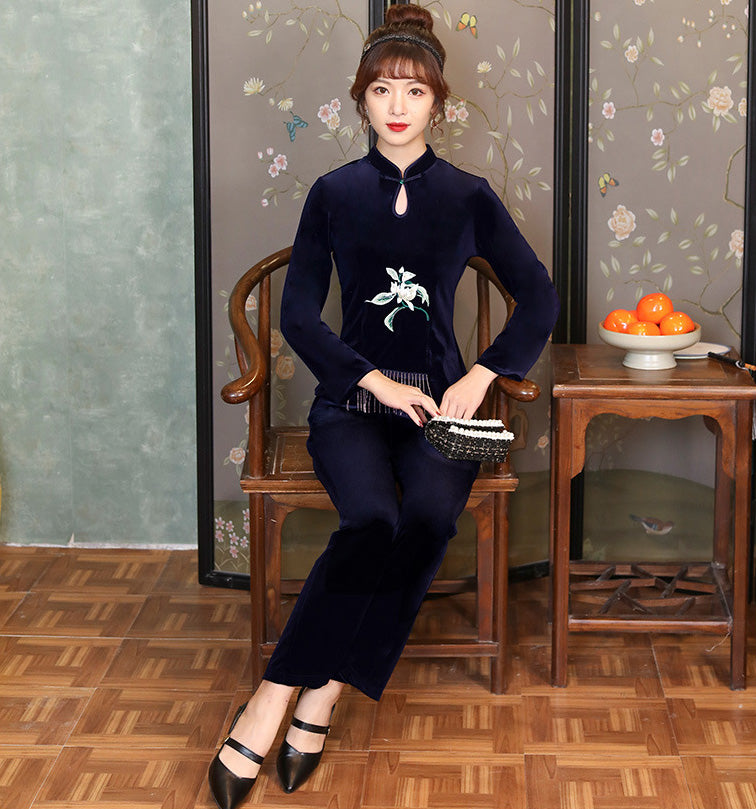 Floral Embroidery Velvet Cheongsam Top & Bell-bottom Trousers Suit