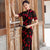 Floral Flocking Traditional Cheongsam Qipao Tea Length Mother Dress