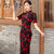 Floral Flocking Traditional Cheongsam Qipao Tea Length Mother Dress