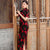 Floral Flocking Traditional Cheongsam Qipao Tea Length Mother Dress