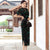 Floral Flocking Traditional Cheongsam Qipao Tea Length Mother Dress