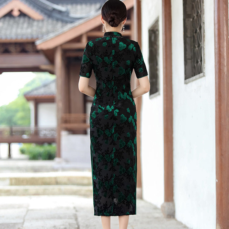 Floral Flocking Traditional Cheongsam Qipao Tea Length Mother Dress