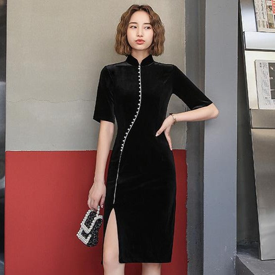 Knee Length Velvet Modern Cheongsam Fashion Qipao Day Dress IDREAMMART Knee Length Velvet Modern Cheongsam Fashion Qipao Day Dress IDREAMMART