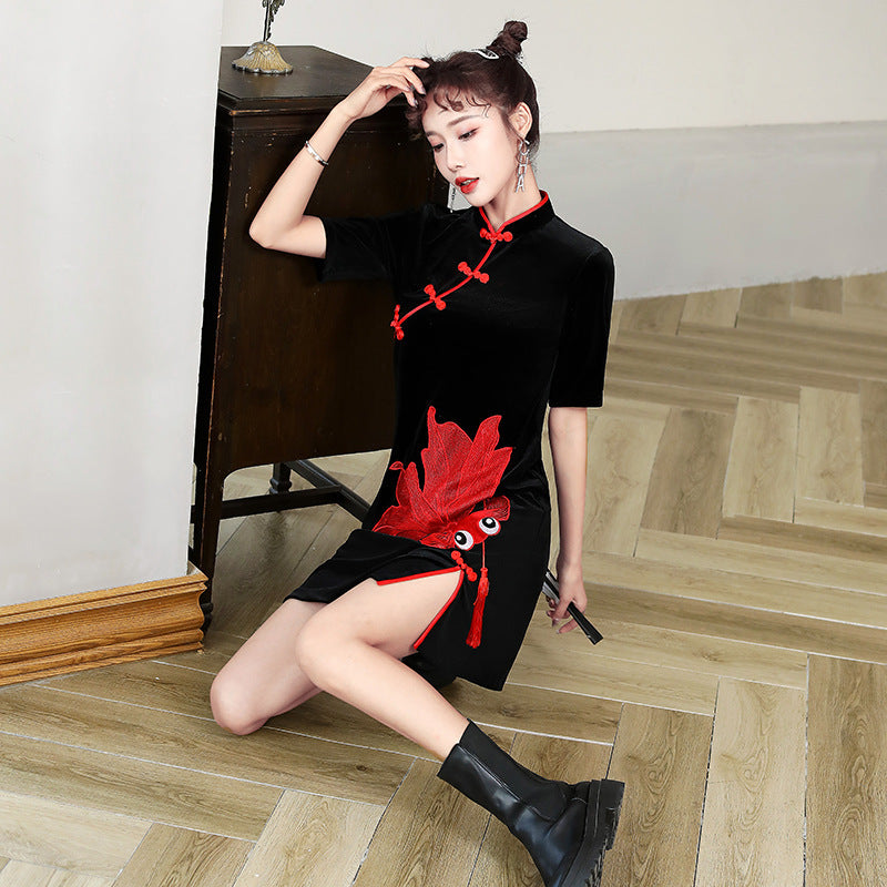 Goldfish Embroidery Velvet Modern Cheongsam Day Dress – IDREAMMART