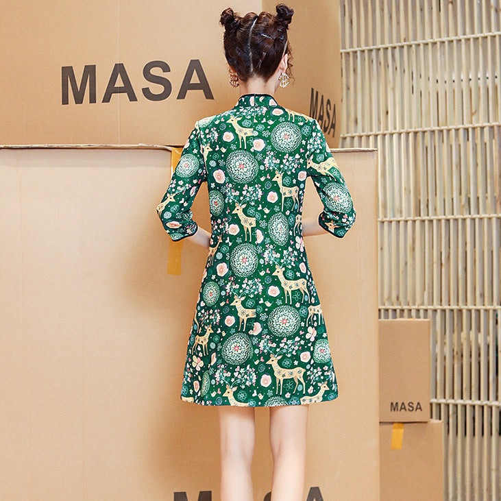 Deer & Floral Pattern Velvet Modern Cheongsam Mini Day Dress