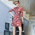 Hirsch & Blumenmuster Samt Modernes Cheongsam Mini-Tageskleid