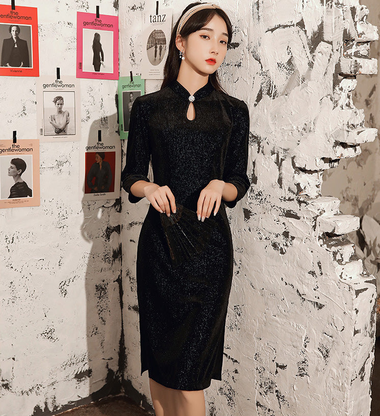 3/4 Sleeve Knee Length Velvet Modern Cheongsam Mother Dress IDREAMMART 3/4 Sleeve Knee Length Velvet Modern Cheongsam Mother Dress IDREAMMART