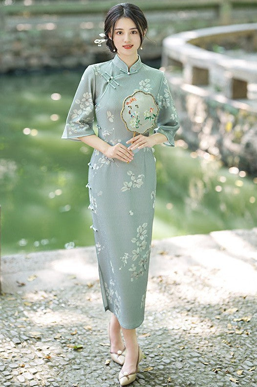 3/4 Sleeve Floral Velvet Cheongsam Full Length Chinese Dress Green / S 3/4 Sleeve Floral Velvet Cheongsam Full Length Chinese Dress Green / S