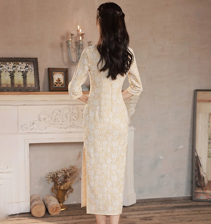 3/4 Sleeve Floral Lace Cheongsam Tea Length Chinese Dress – IDREAMMART