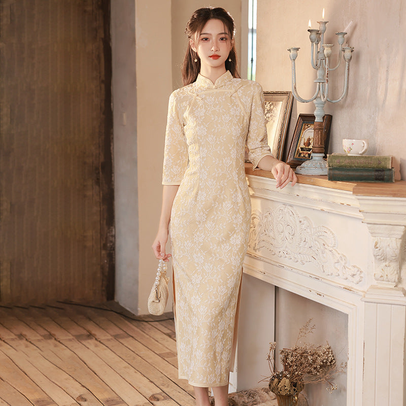 3/4 Sleeve Floral Lace Cheongsam Tea Length Chinese Dress 3/4 Sleeve Floral Lace Cheongsam Tea Length Chinese Dress