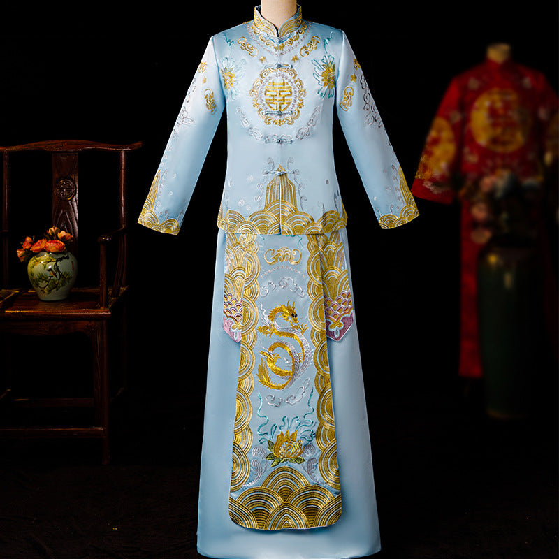 Dragon & Auspicious Embroidery Full Length Retro Chinese Groom Suit