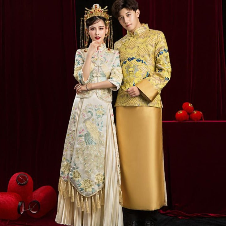 Dragon Embroidery Full Length Traditional Chinese Groom Suit Tunic Suit Gold / L Dragon Embroidery Full Length Traditional Chinese Groom Suit Tunic Suit Gold / L