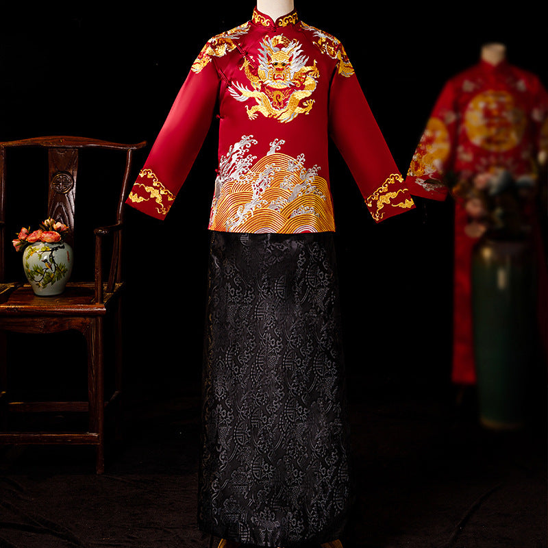 Dragon Embroidery Full Length Traditional Chinese Groom Suit with Strap Buttons Black & Red / Xs Dragon Embroidery Full Length Traditional Chinese Groom Suit with Strap Buttons Black & Red / Xs